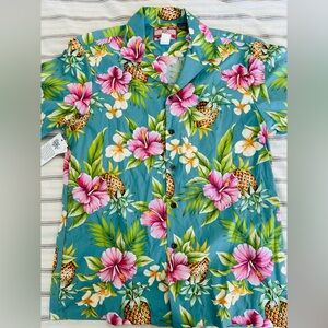 RJC Short Sleeve Hawaiian Shirt Mens Size M Blue Floral Cotton Aloha Pineapples